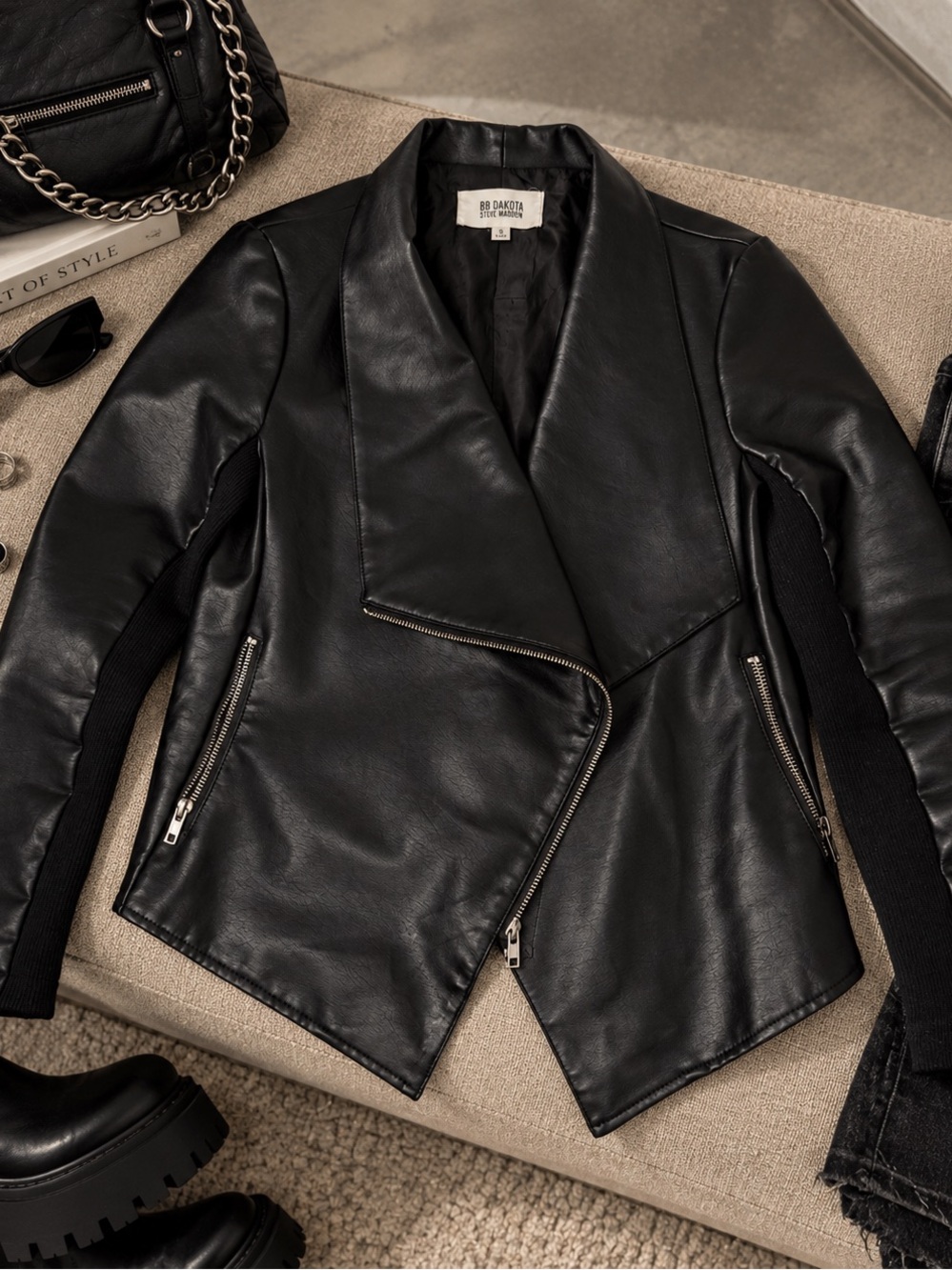 BB Dakota Black Faux Leather Asymmetrical Zip Jacket